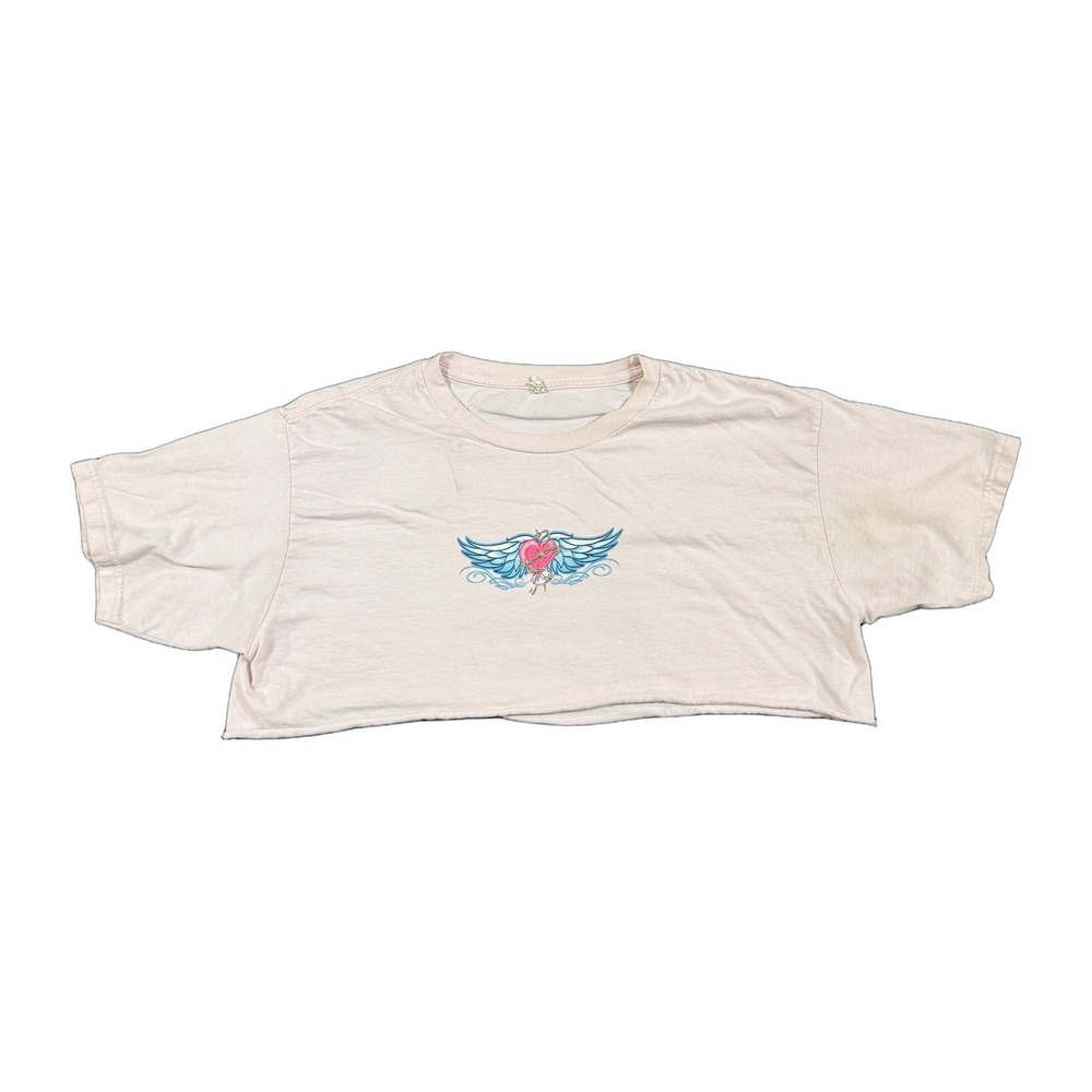 Y2K Biker Its My Time To Ride Cropped Graphic T-Shirt Pink Raw Hem Womens Large